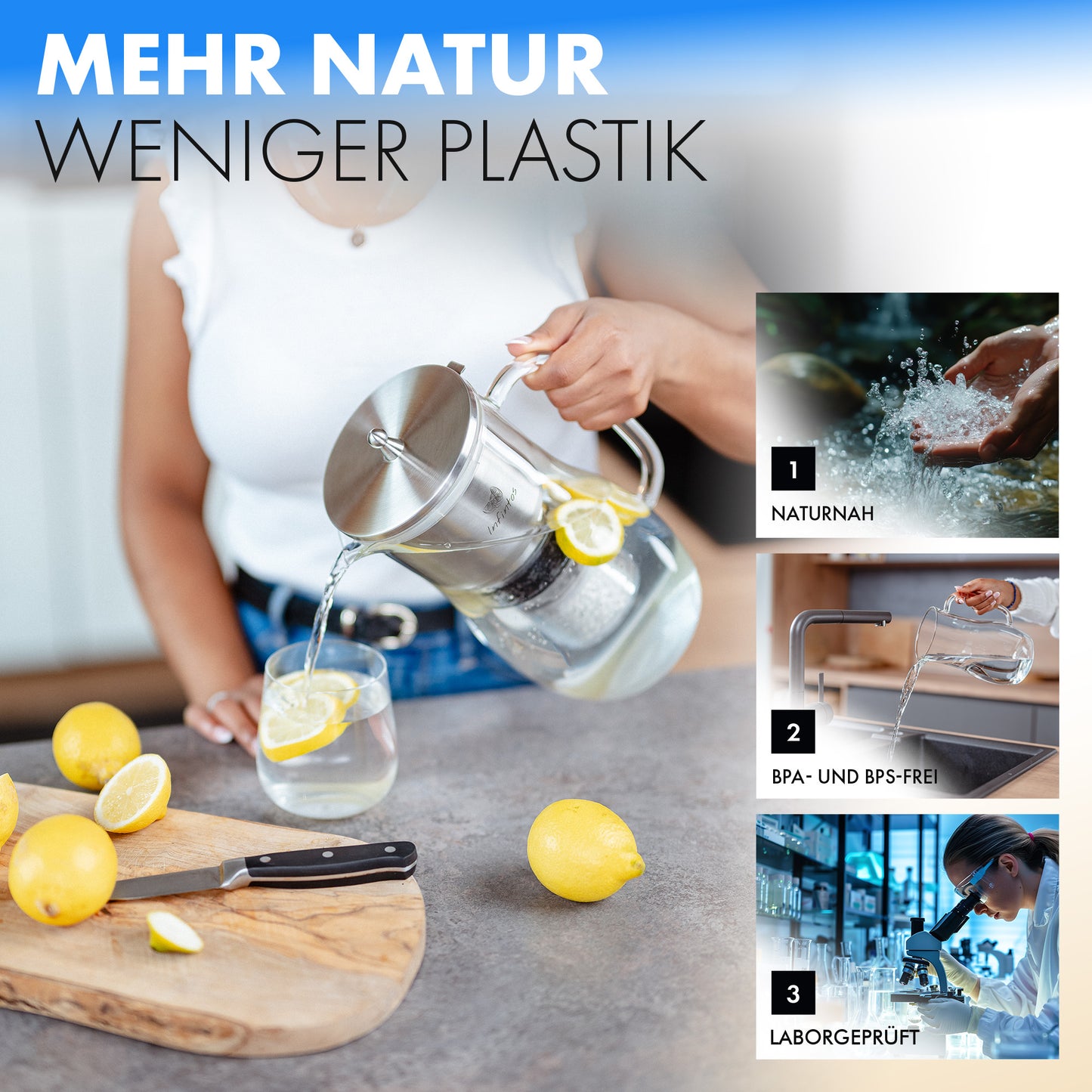 Glas- Wasserfilterkaraffe mit Aktivkohlefilter, Keramikkugeln, Mineralsteinen - gegen Schwermetalle, Kalk - Trinkwasser Wasserfilter für deine Küche