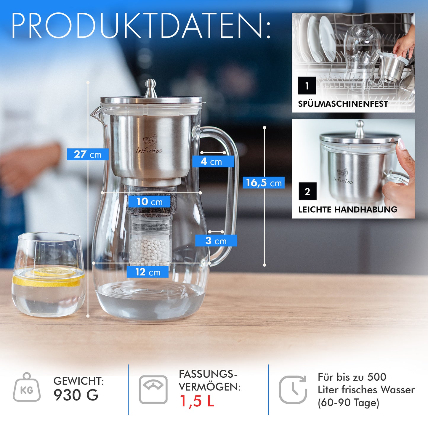 Glas- Wasserfilterkaraffe mit Aktivkohlefilter, Keramikkugeln, Mineralsteinen - gegen Schwermetalle, Kalk - Trinkwasser Wasserfilter für deine Küche